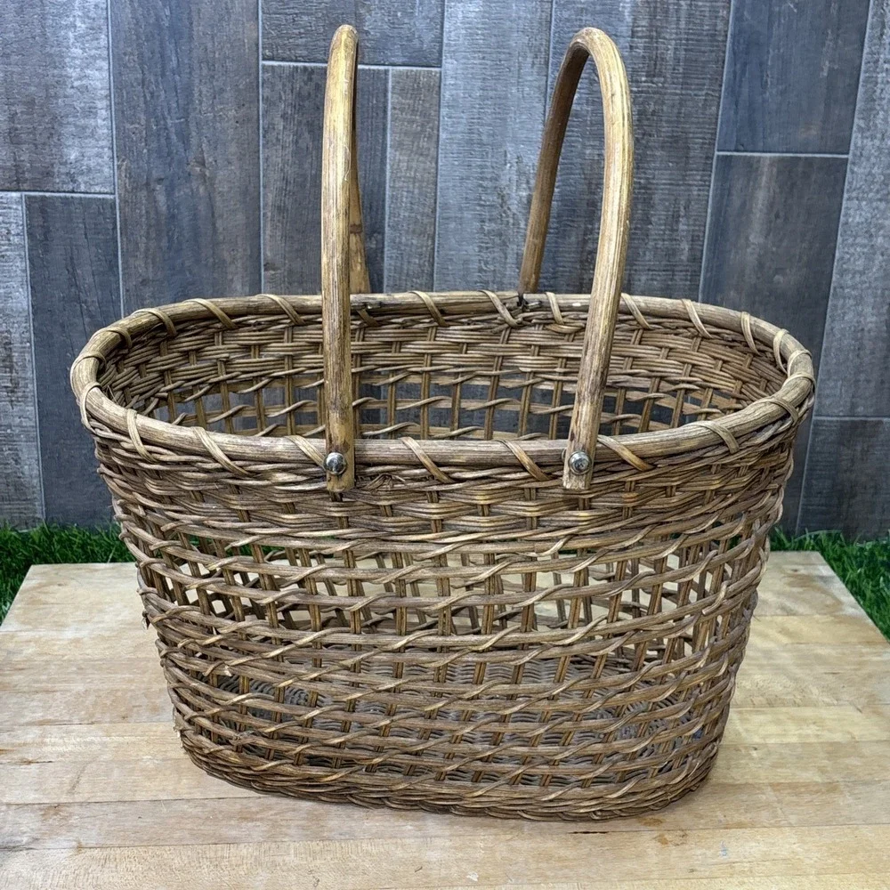 Vintage Wicker Market Basket Double Handles Rustic Farmhouse Decor Large